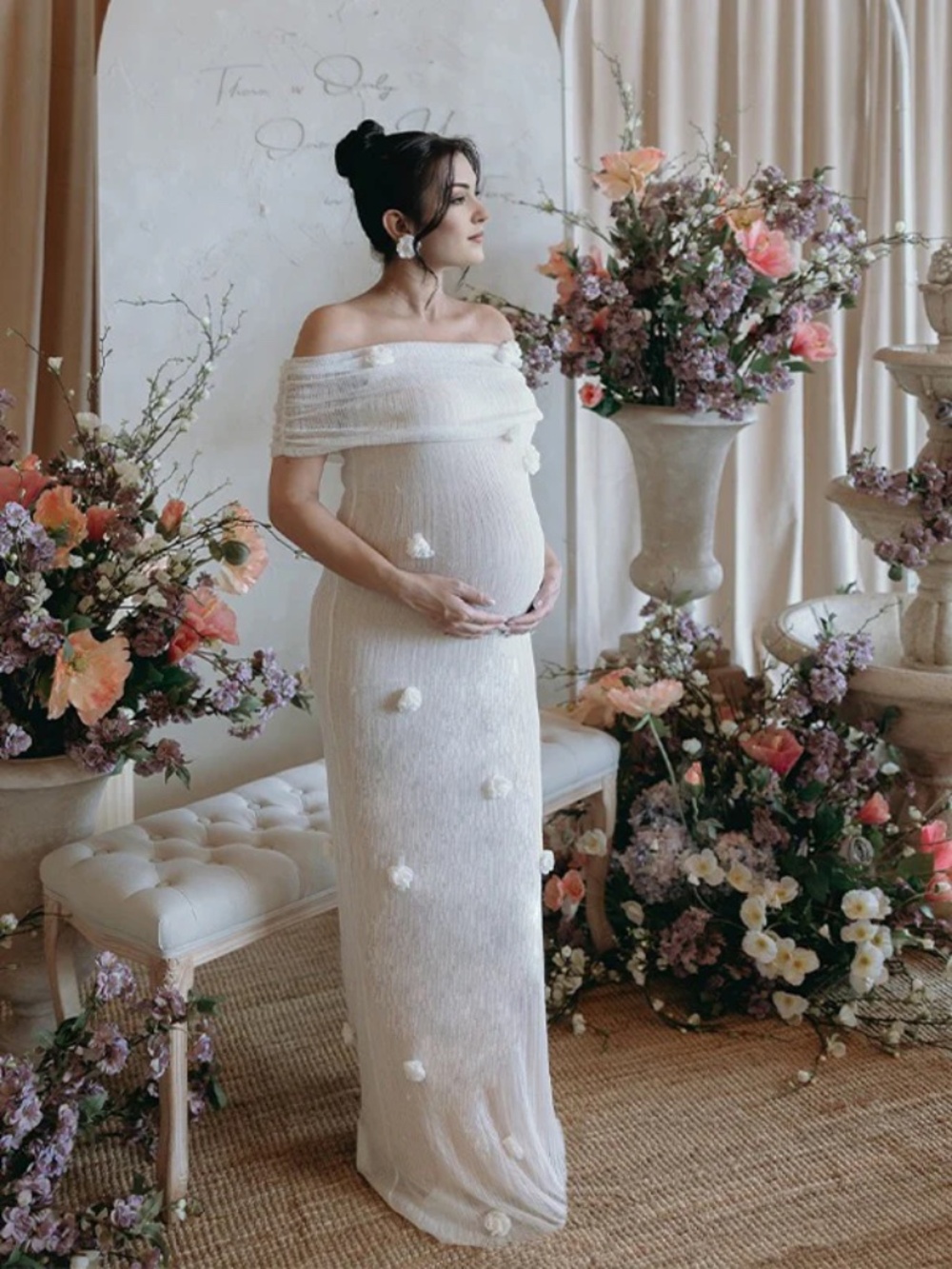 Momyknows White Off Shoulder 3D Flowers Maternity Dress